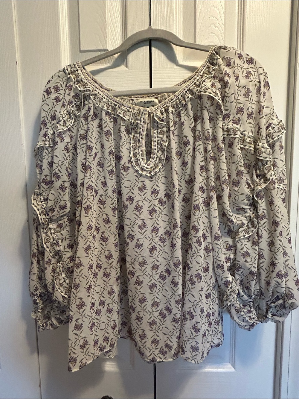 Max Studio White Peasant Blouse with Purple Floral Print